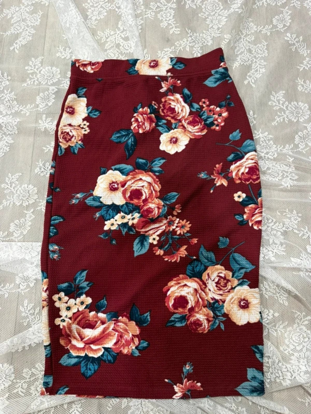 maroon flower skirt